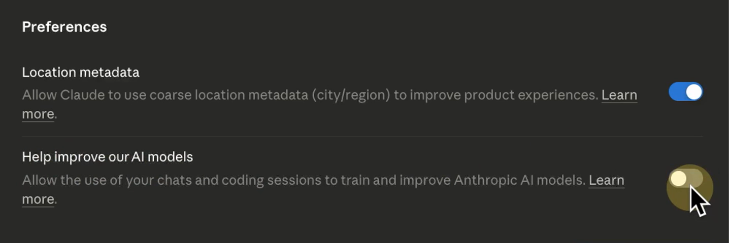 The Privacy settings page, with Help improve our AI models toggled off. Frame from the build video Claude Fable 5 for Lawyers: Redlining Contracts.