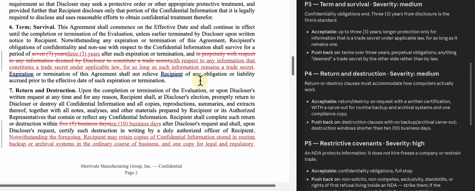 The returned Merrivale NDA open in Word with tracked changes: seven (7) years struck for three (3) years, and the firm playbook panel beside it